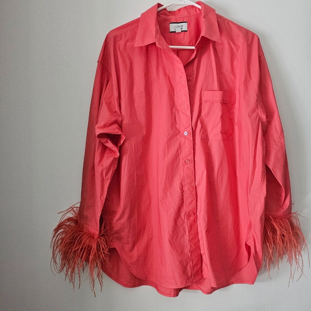 J Crew Collection Feather Trim Cotton Poplin Button Down Shirt CORAL Size 12